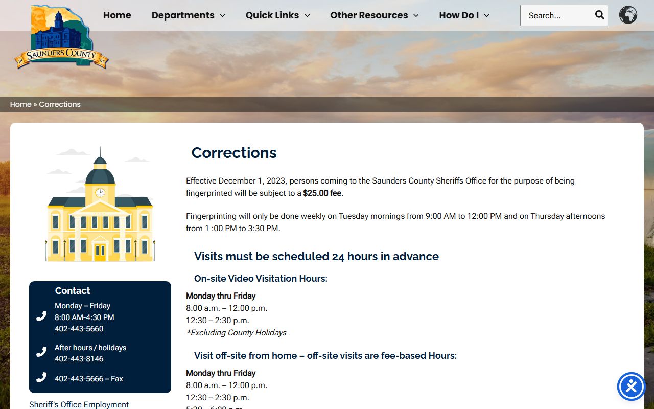 Saunders County Corrections inmate custody information and visitation page